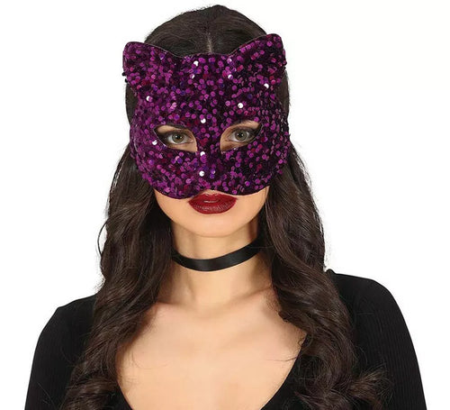 Antifaz Grande Gato con Lentejuelas Lila