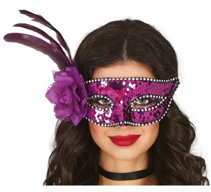 Antifaz Lentejuelas Lila con Pluma adulto