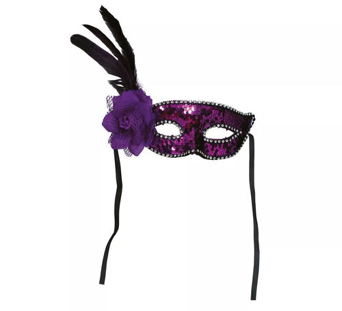 Antifaz Lentejuelas Lila con Pluma adulto
