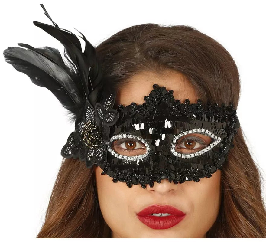 Antifaz Negro con Flor y Plumas