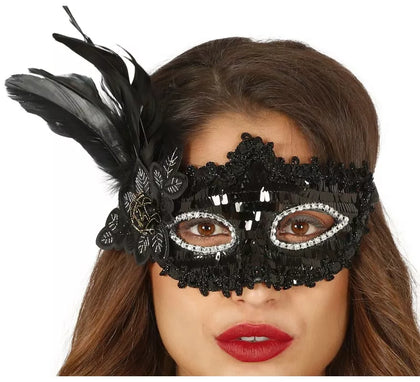 Antifaz Negro con Flor y Plumas