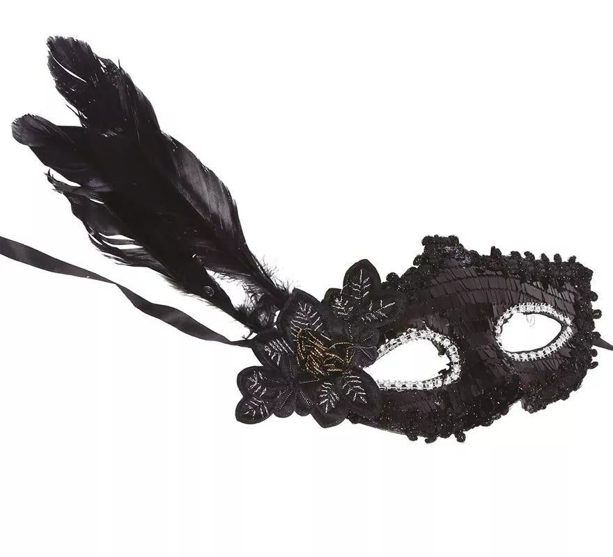 Antifaz Negro con Flor y Plumas
