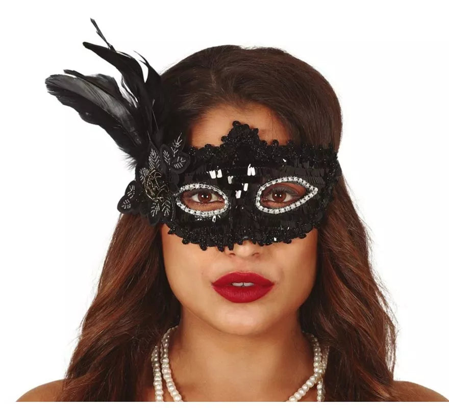 Antifaz Negro con Flor y Plumas