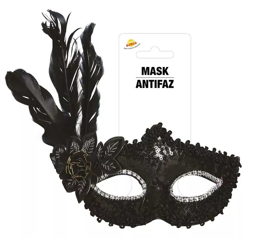 Antifaz Negro con Flor y Plumas
