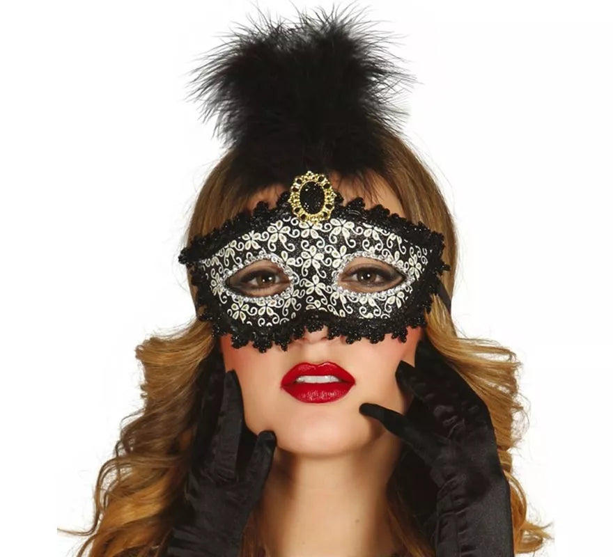 Antifaz Veneciano negro con pluma
