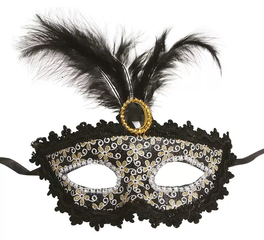 Antifaz Veneciano negro con pluma