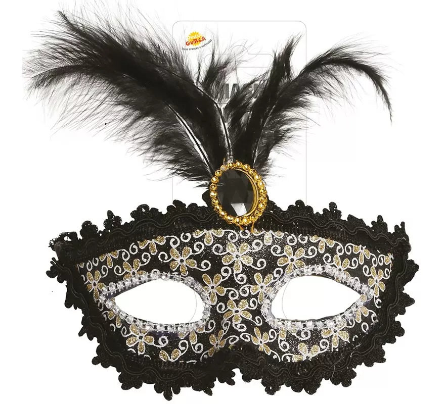 Antifaz Veneciano negro con pluma