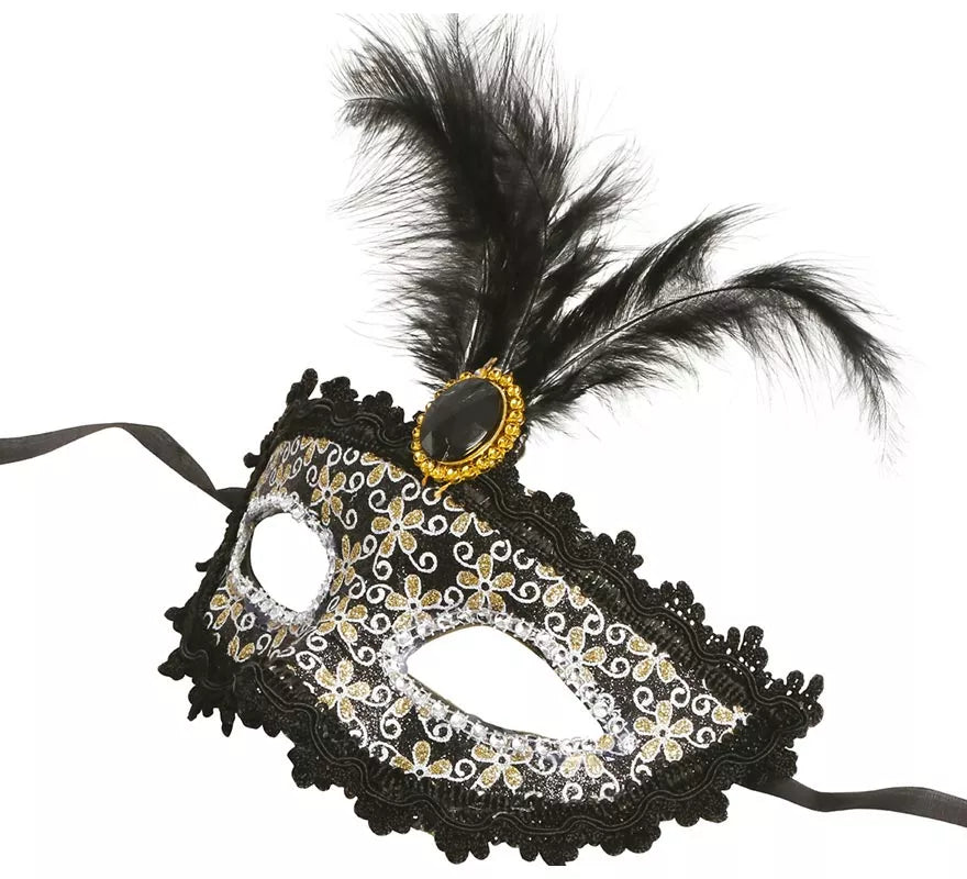 Antifaz Veneciano negro con pluma