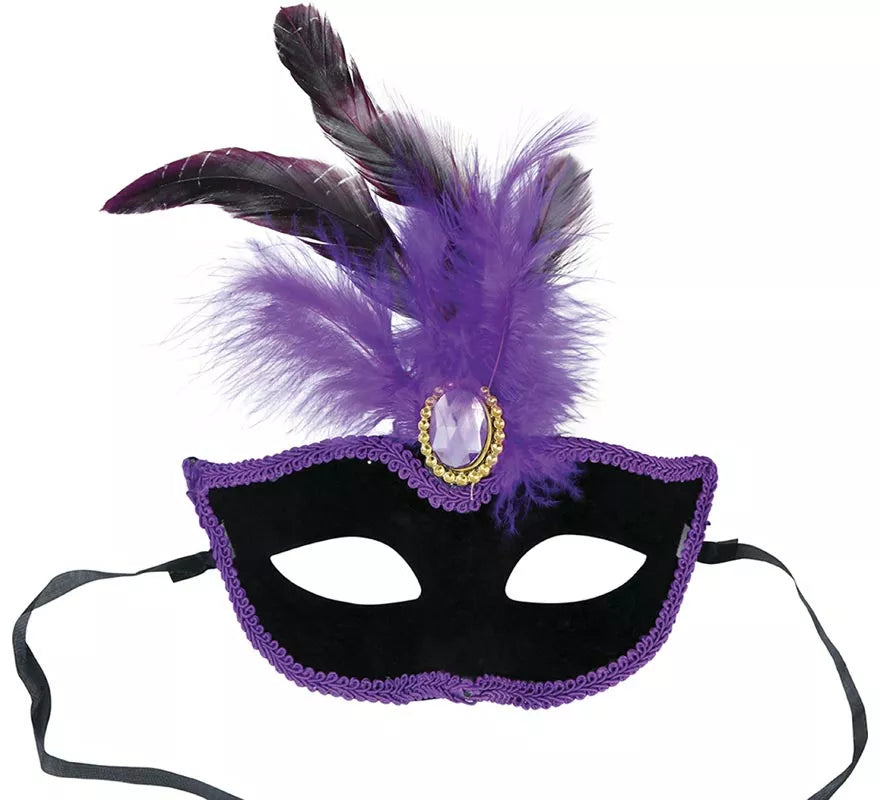 Translation missing: en.Antifaz Veneciano negro con Plumas lilas
