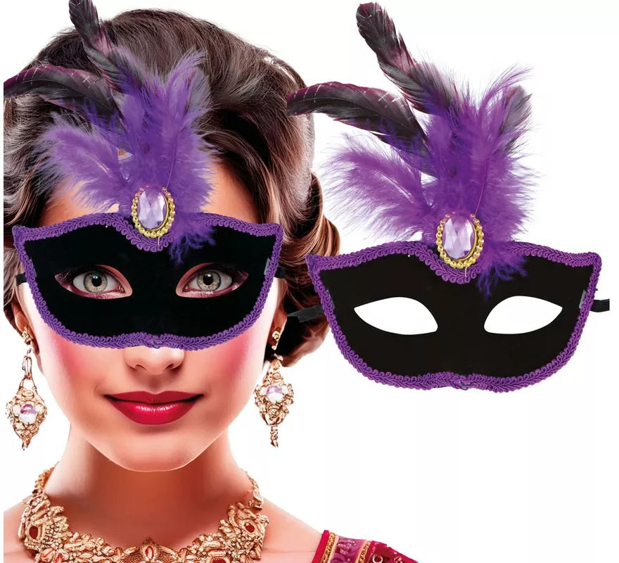 Translation missing: en.Antifaz Veneciano negro con Plumas lilas