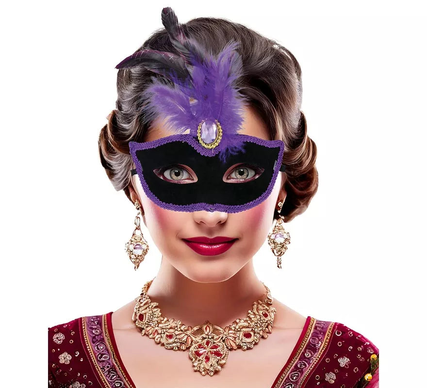 Antifaz Veneciano negro con Plumas lilas