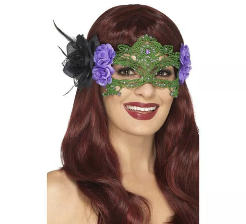 Antifaz verde del Día de los muertos con rosas