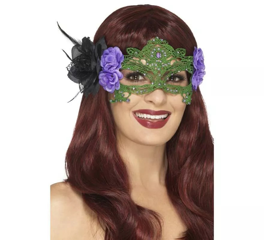 Translation missing: en.Antifaz verde del Día de los muertos con rosas