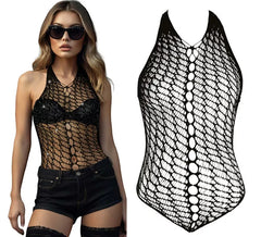 Women's Black Fishnet Bodysuit with Rhinestones