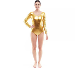 Long sleeve metallic gold bodysuit or maillot for women