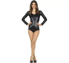 Long-sleeved Metallic Black Bodysuit or Leotard for women