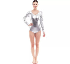 Silver long sleeve bodysuit or maillot for women