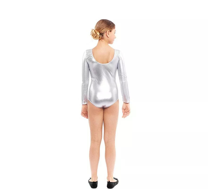 Body o Maillot plateado manga larga para niña