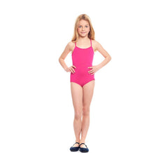 Knitted bodysuit or leotard with fuchsia straps for girl
