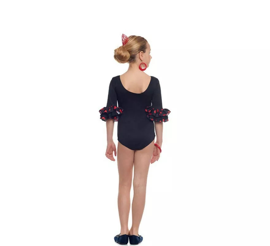 Body o maillot Sevillana con Volante Lunar negro y rojo para niña