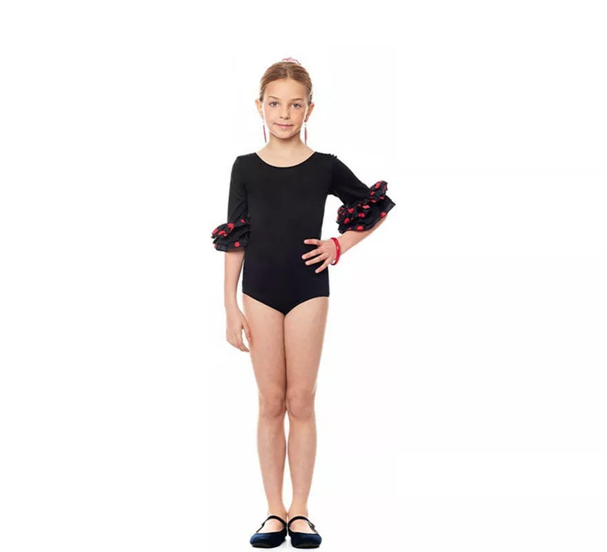 Body o maillot Sevillana con Volante Lunar negro y rojo para niña