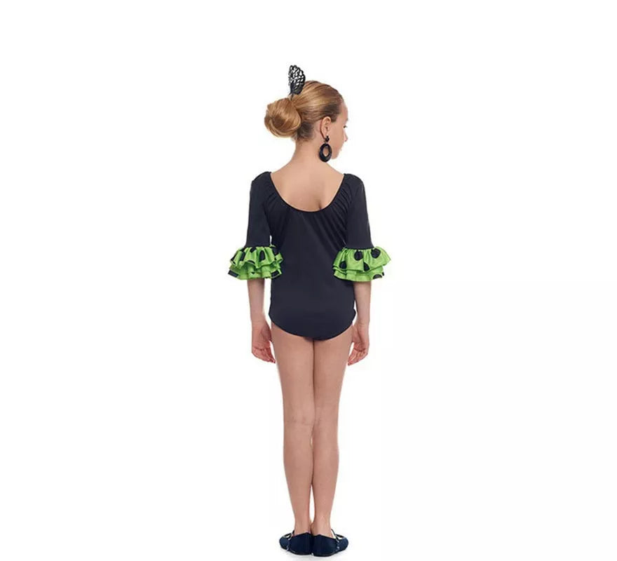 Body o maillot Sevillana con Volante Lunar negro y verde para niña