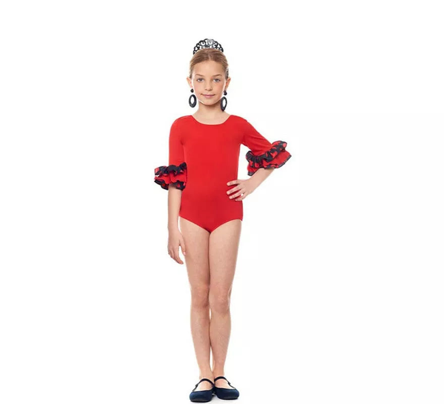 Body o maillot Sevillana con Volante Lunar rojo para niña