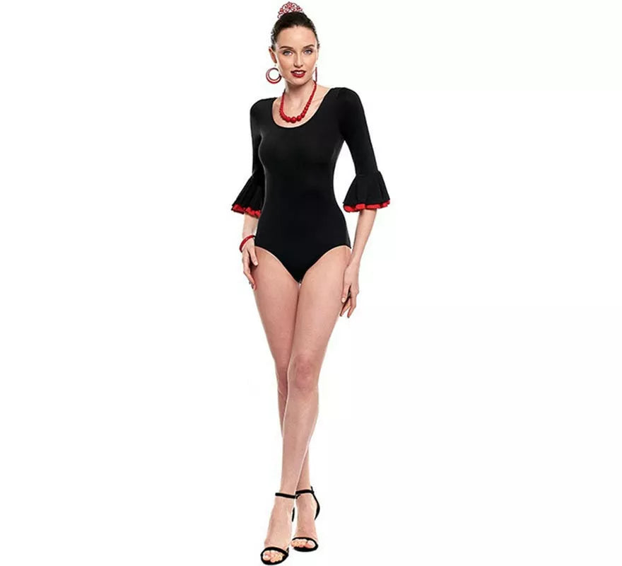 Translation missing: en.Body o maillot Sevillana con Volante negro y rojo para mujer