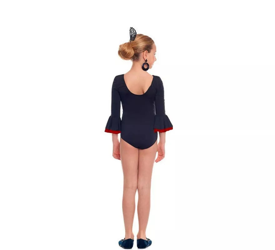 Body o maillot Sevillana con Volante negro y rojo para niña