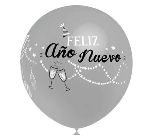 Bolsa 8 Globos plata Feliz Año Nuevo de 90 cm