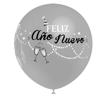 Bolsa 8 Globos plata Feliz Año Nuevo de 90 cm
