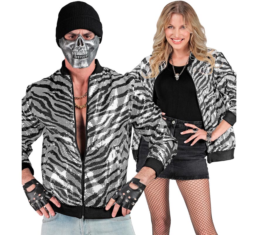 Translation missing: en.Bomber Moda a rayas plateado con lentejuelas para adulto