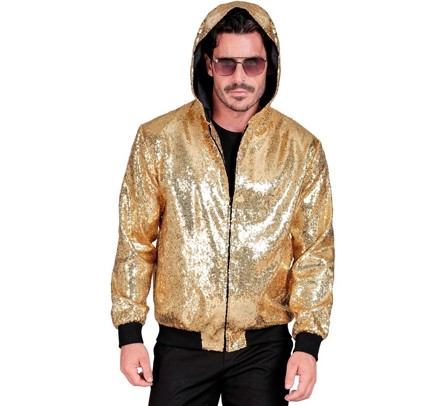 Bomber Moda dorado con capucha y lentejuelas para adulto