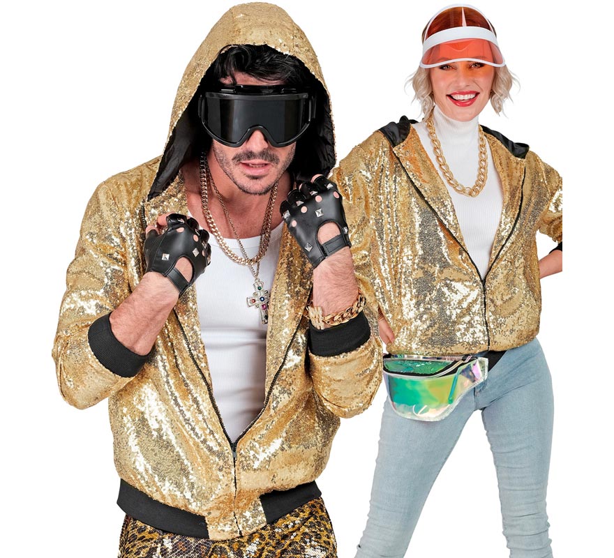 Bomber Moda dorado con capucha y lentejuelas para adulto
