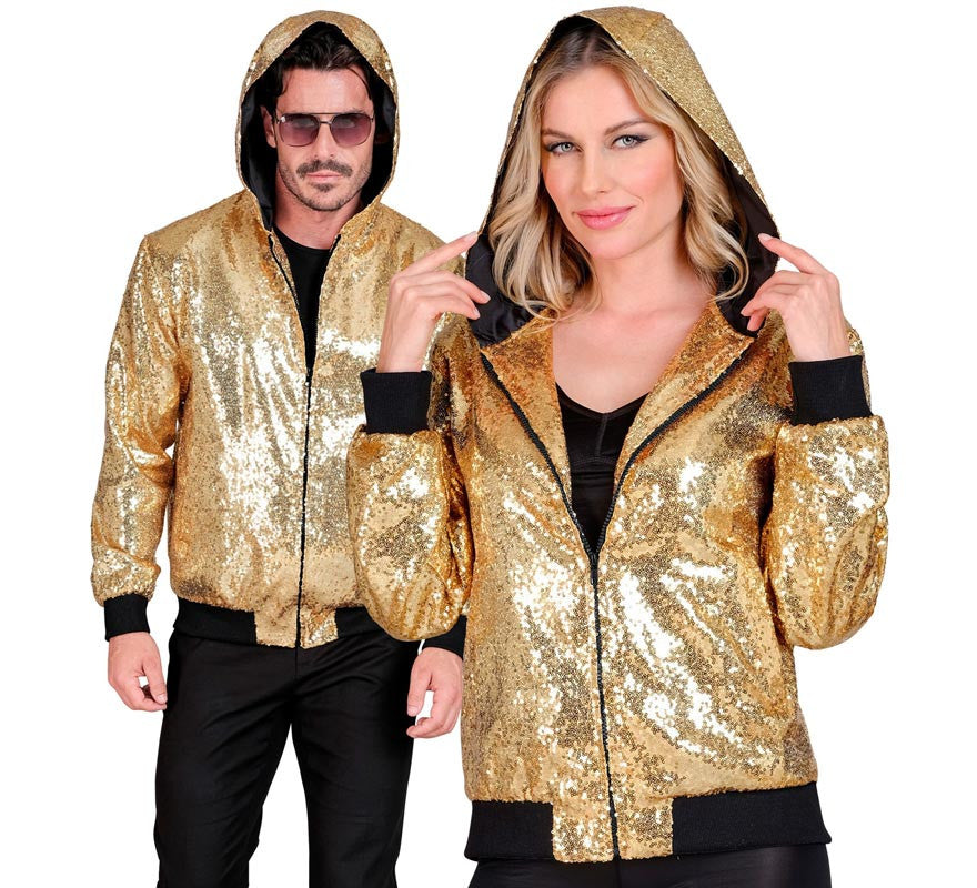 Bomber Moda dorado con capucha y lentejuelas para adulto