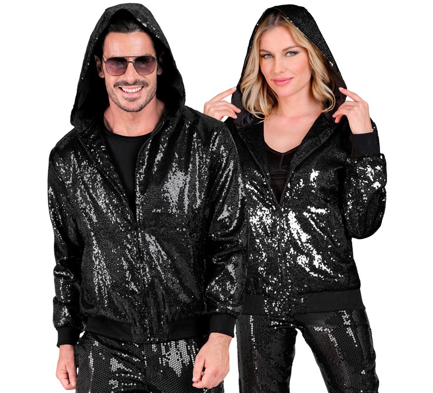 Bomber Moda negro con capucha y lentejuelas para adulto