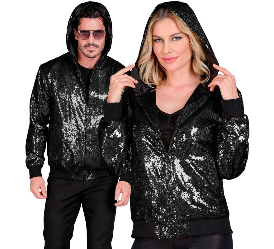 Bomber Moda negro con capucha y lentejuelas para adulto