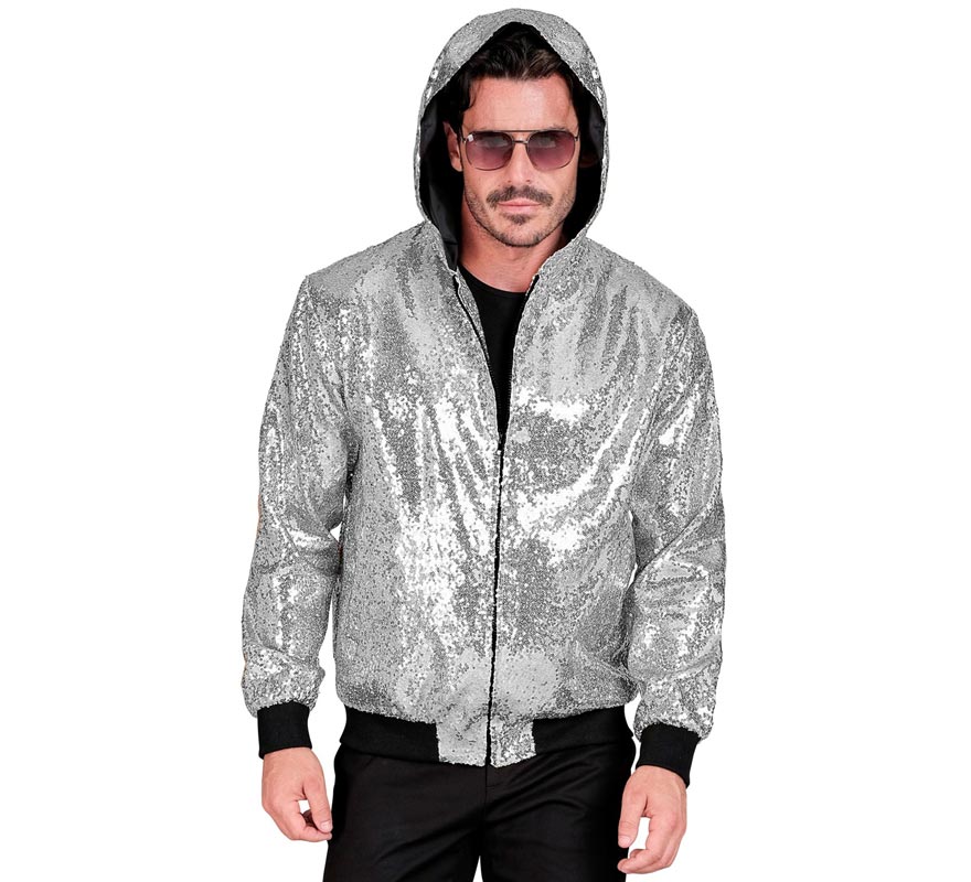 Bomber Moda plateado con capucha y lentejuelas para adulto