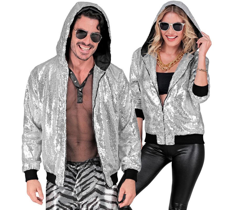 Bomber Moda plateado con capucha y lentejuelas para adulto