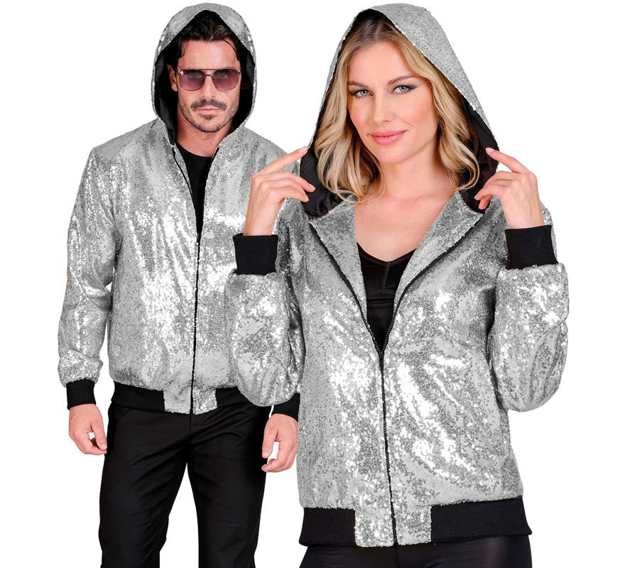 Translation missing: en.Bomber Moda plateado con capucha y lentejuelas para adulto