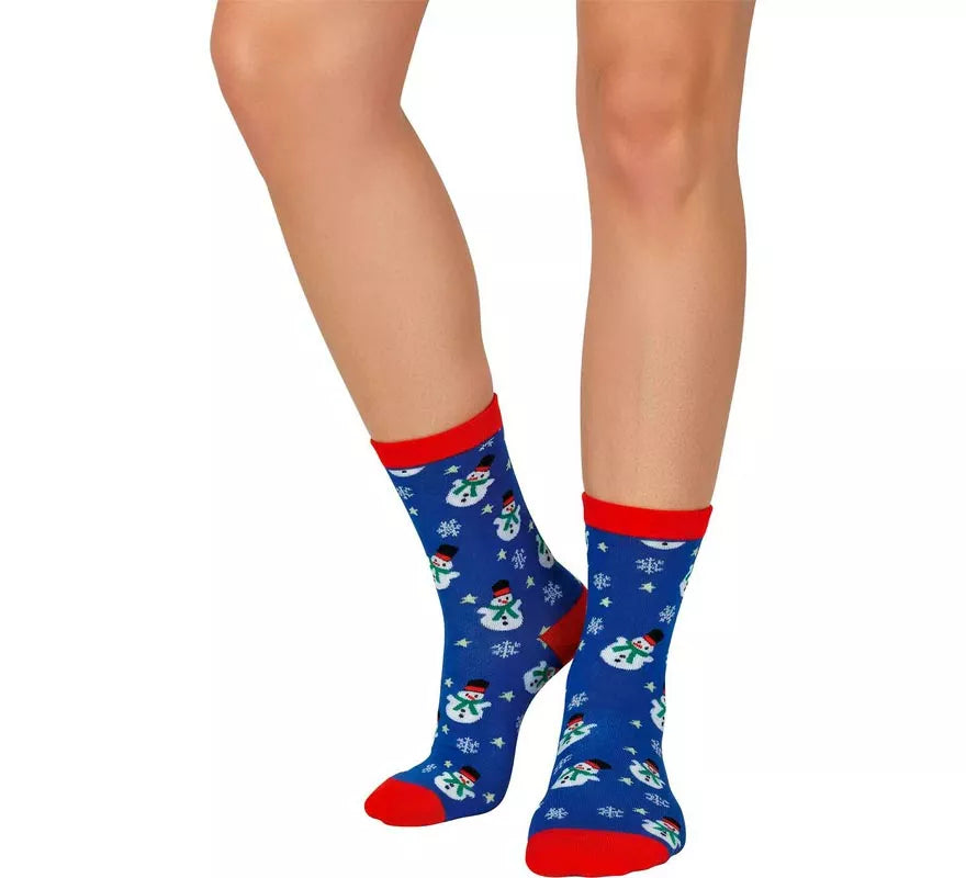 Calcetines Navideños Muñeco de Nieve azul en números del 22 al 48
