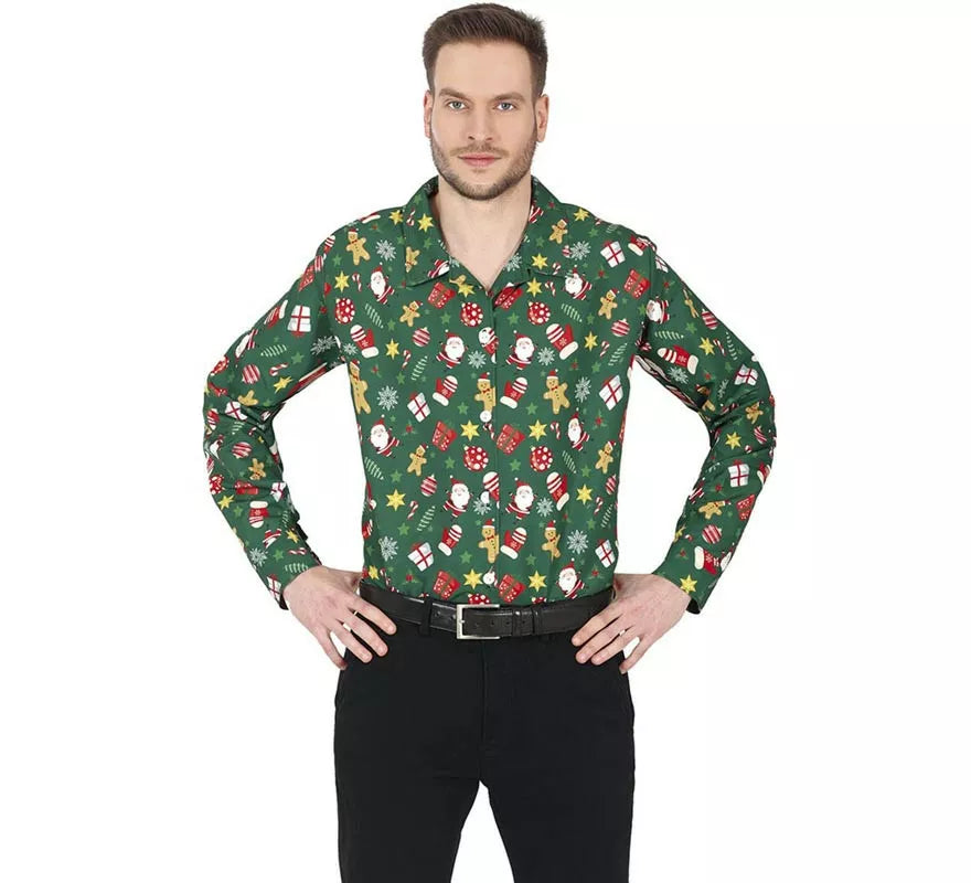 Translation missing: en.Camisa de Navideña verde estampado para hombre