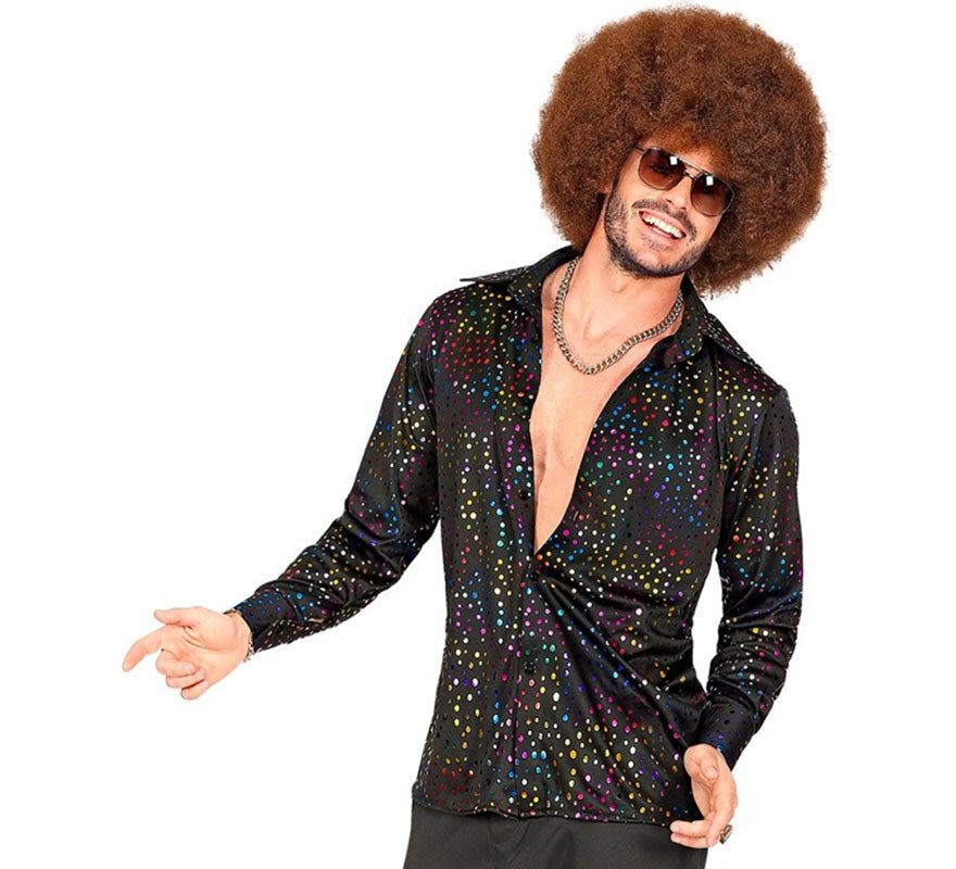 Camisa Disco Años 70 negra multicolor para hombre