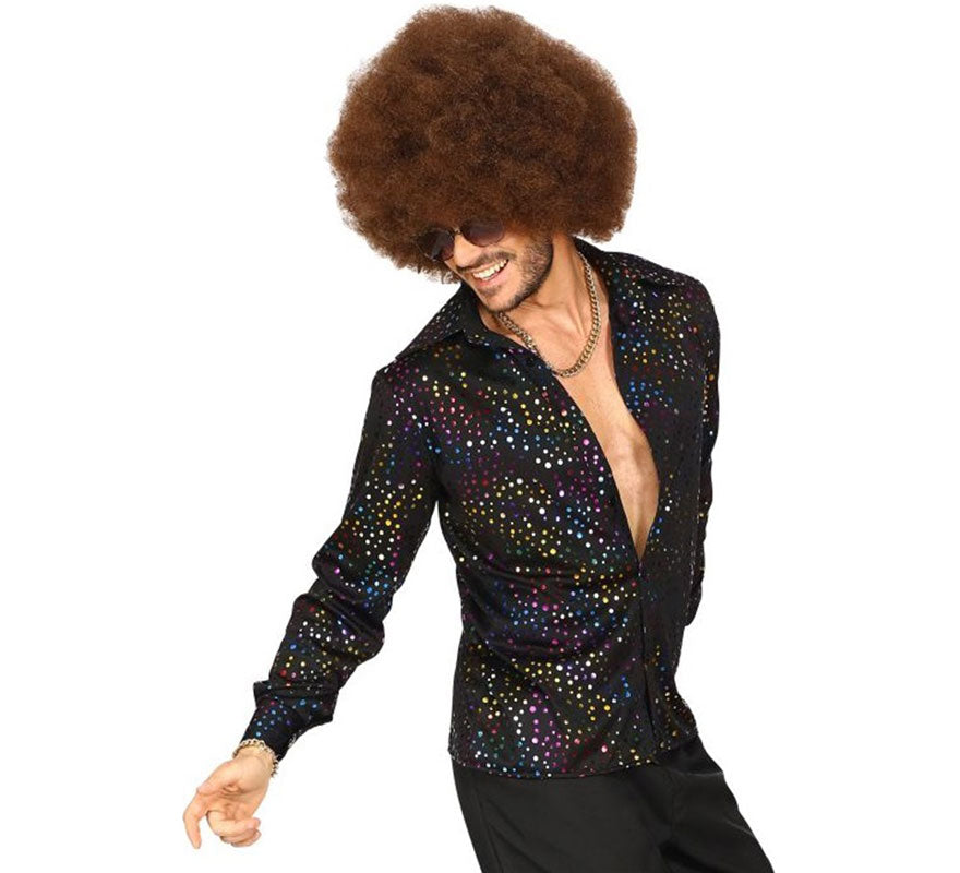 Camisa Disco Años 70 negra multicolor para hombre