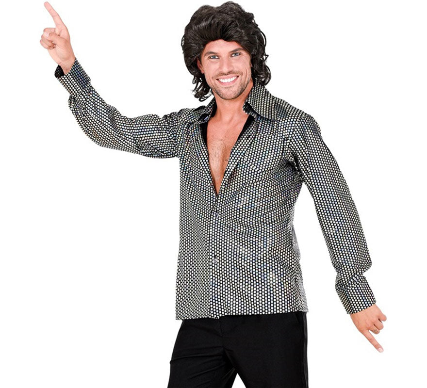 Camisa Disco Años 70 plateada para hombre