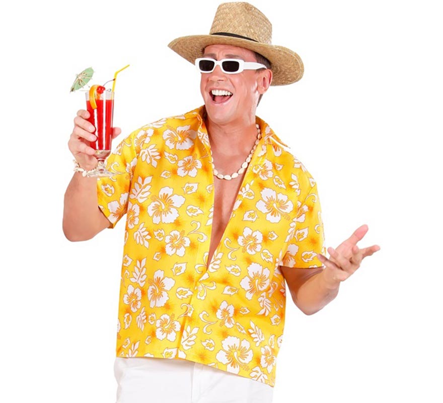 Translation missing: en.Camisa manga corta Hawaiana con Flores amarilla para hombre