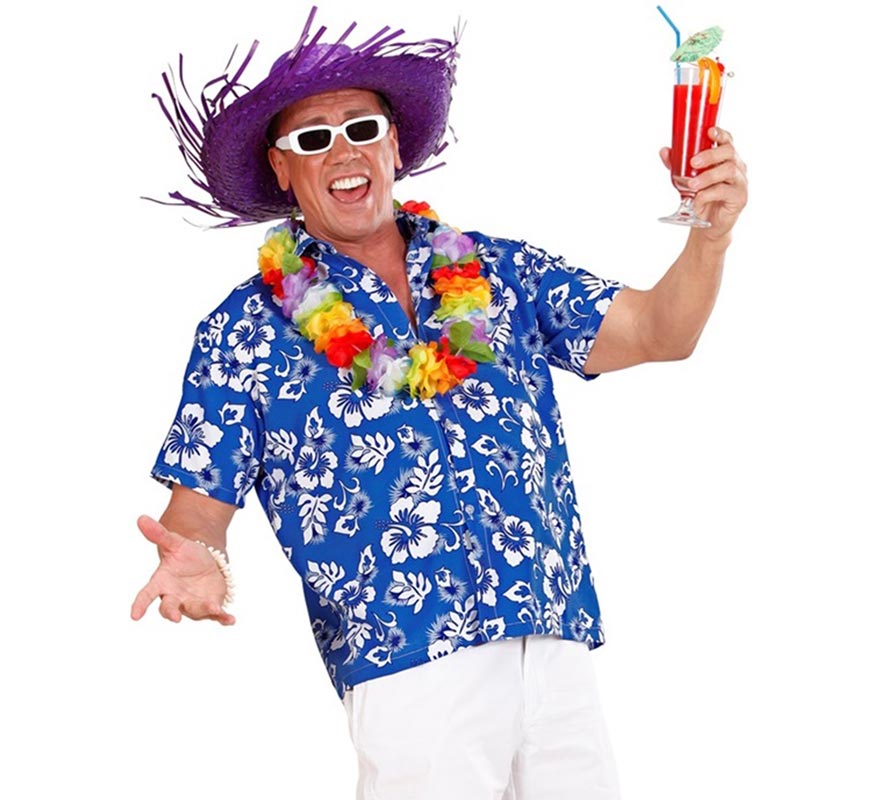 Camisa manga corta Hawaiana con Flores azul para hombre