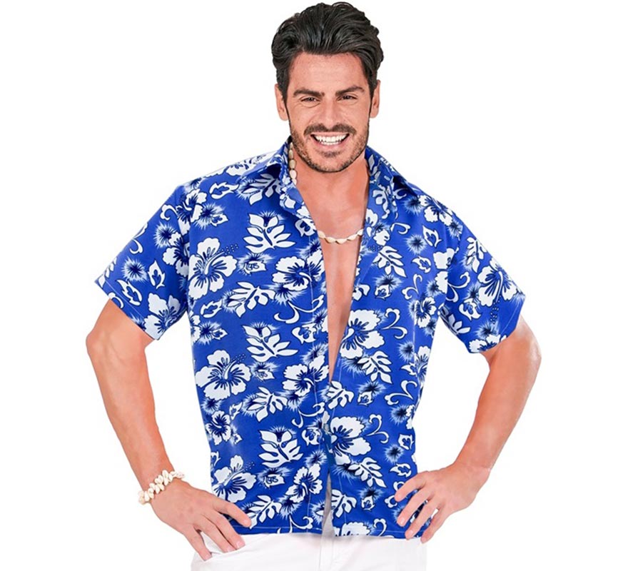 Translation missing: en.Camisa manga corta Hawaiana con Flores azul para hombre