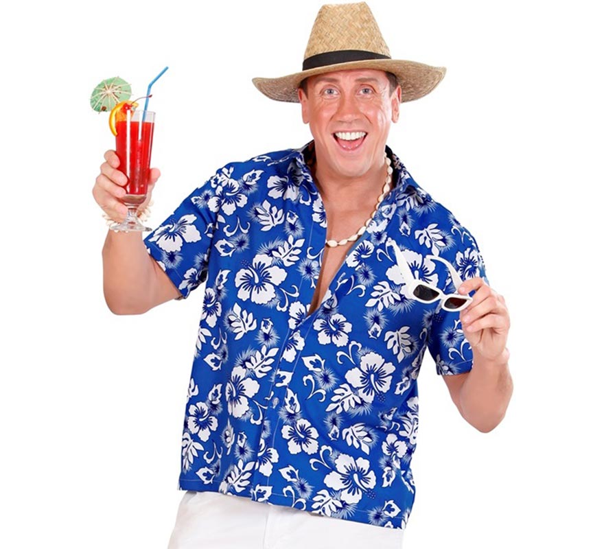 Camisa manga corta Hawaiana con Flores azul para hombre