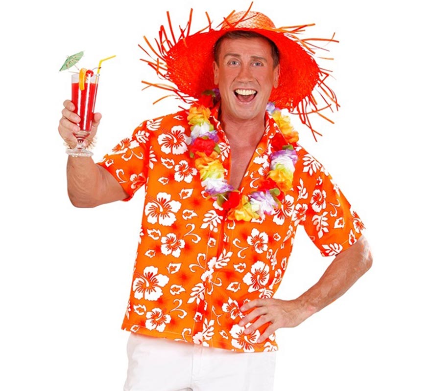 Camisa manga corta Hawaiana con Flores naranja para hombre